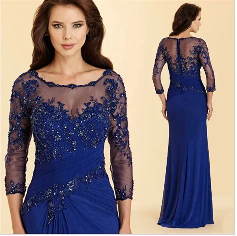 Vintage Navy Blue Long Evening Dresses 2016 Elegant Appliques Lace 3 4 Sleeve Mother Of The