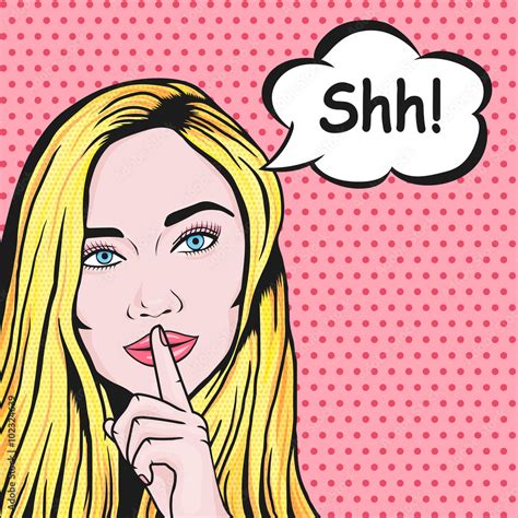 Vector Pop Art Comic Woman Holding Finger On Lips For Quiet Silence