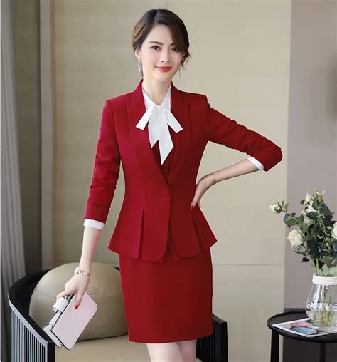 Elegant Red Formal Women Business Suits Work Wear With Skirt And Blazers And Jackets Ladies Office