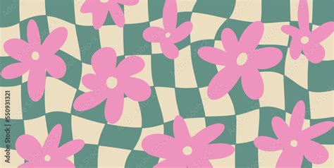 Vetor De Groovy Checkered Daisy Flowers Background Retro 70s 60s