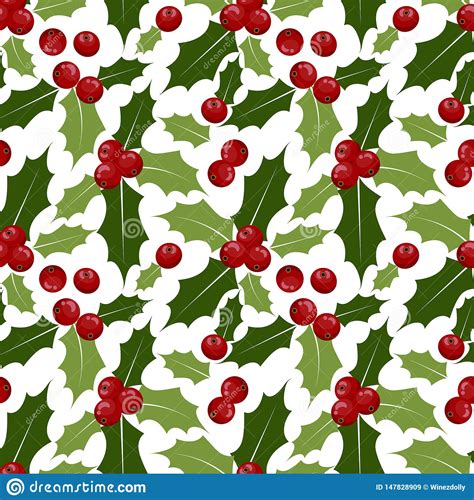 Christmas Holly Leaves And Berries Ornate Seamless Pattern Stock Vector
