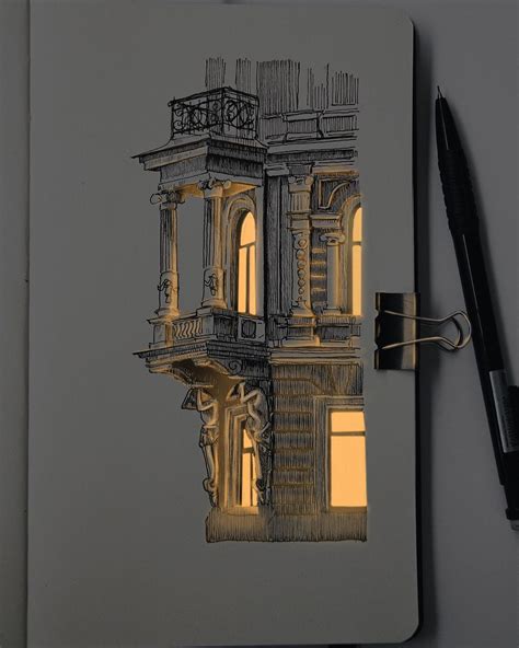 An Artist Makes Glowing Drawings Of Architectural Structures Using Pen