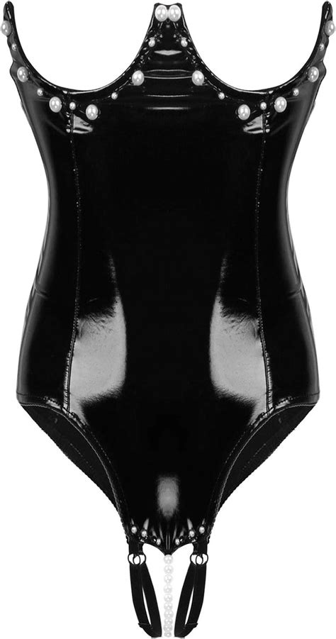 Yoojia Womens Patent Leather Strapless Bare Breast Corset Crotchless