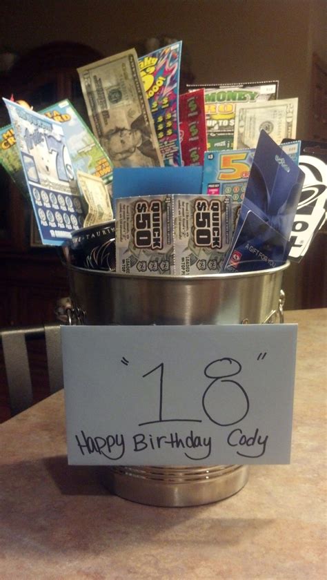 18th birthday gifts for son. 18th Birthday gift for my son. Filled with candy, lottery tickets, cash, and gift cards ...