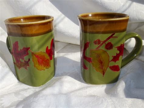 Autumn Leaves Coffee Mug Hand Painted Leaves Acorns Brown Etsy