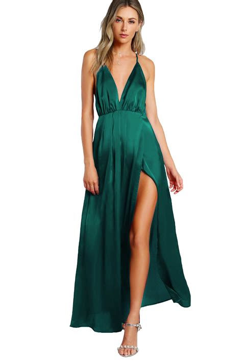 Buy Sheinwomen S Sexy Satin Deep V Neck Backless Maxi Club Party Evening Dress Online At