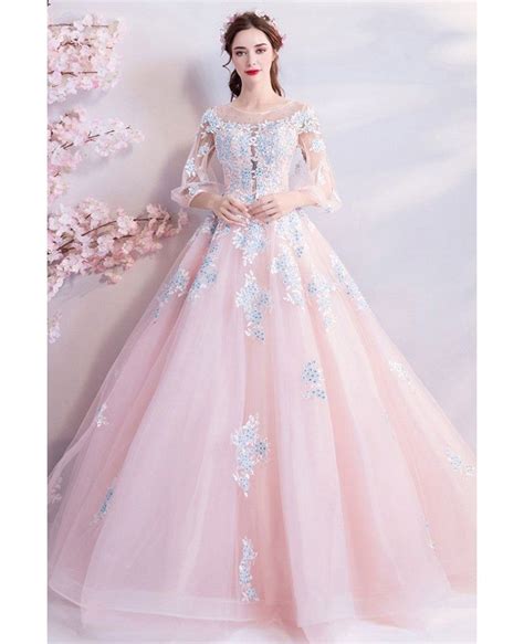 Dremy Princess Pink Ball Gown Formal Dress With Sleeves