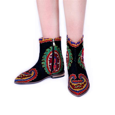 Ankle Boots Flat Heel Embroidered Hand Made Boots Bohemian Etsy