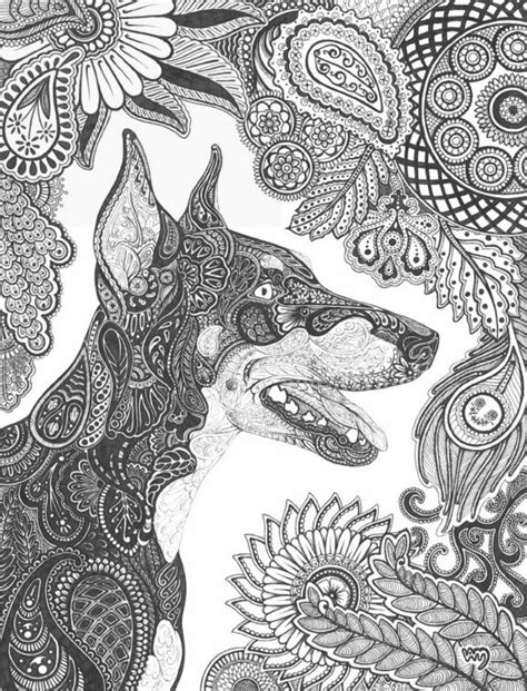 a black and white drawing of a dog with paisley patterns on it's face