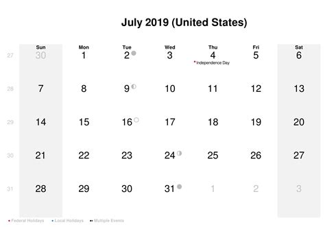 July 2019 Calendar With Holidays Usa Holiday Calendar Printable 2019