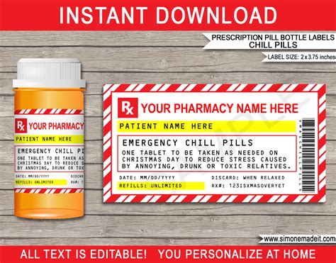 Residence unwell, sick, middle weakened, pressured, or upon a mission! Prescription Christmas Chill Pill Labels Template | Emergency Chill Pills Gag Gift