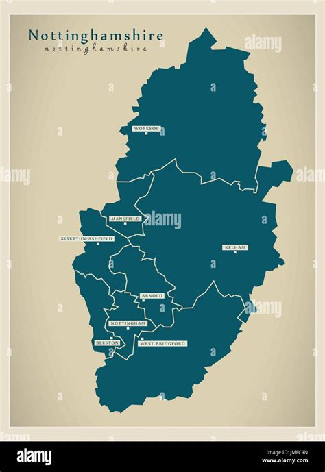 Modern Map Nottinghamshire County With Cities And Districts England