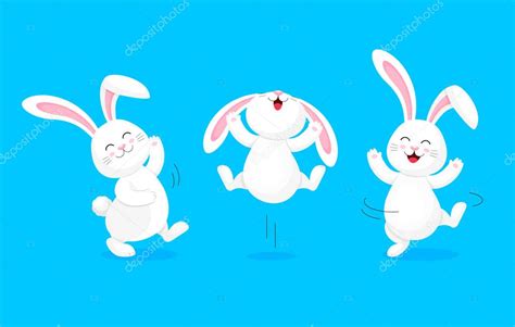 White Rabbit Jumping Dancing Cute Bunny Happy Easter Day Cartoon