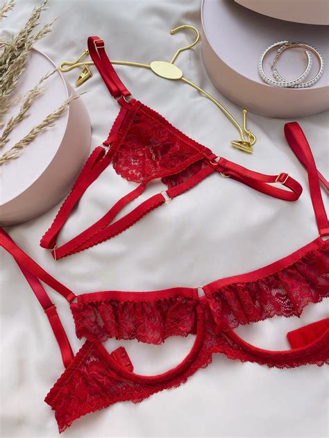 Red Open Cup Lingerie Set Lace Open Cup Bra Crotchless Etsy Hot Sex Picture