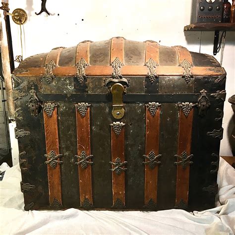 Antique Domed Top Steamer Trunk Large Trunk With Wheels Etsy