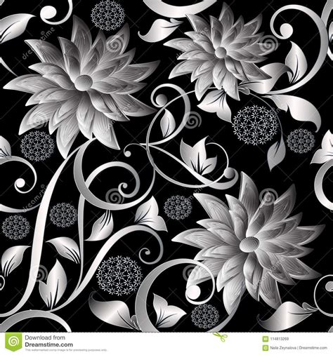 3d Vintage Silver Flowers Seamless Pattern Vector Floral Background