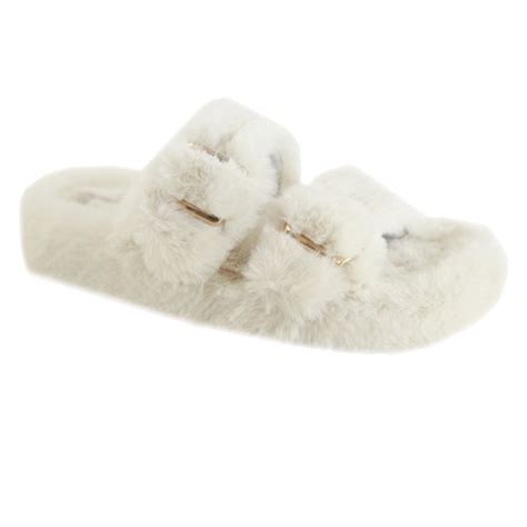 Snj Womens Buckle Double Strap Sherpa Teddy Faux Fur Flat Plush Sandal