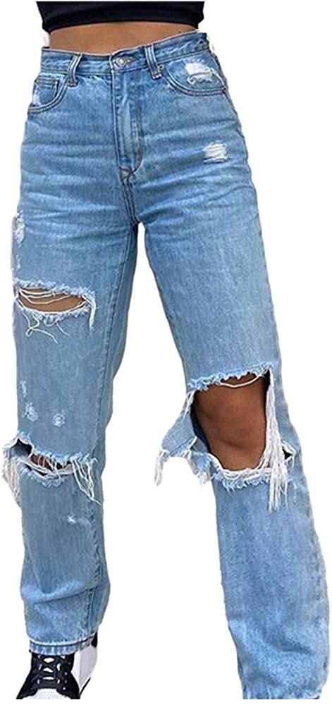 Maszone Y2k Fashion Jeans For Women Button High Waist Pocket Elastic Hole Jeans Trousers Loose