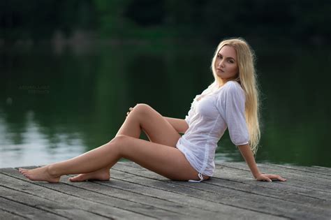Wallpaper Blonde Legs Women Outdoors Pier White Tops Blue Eyes Long Hair Depth Of Field