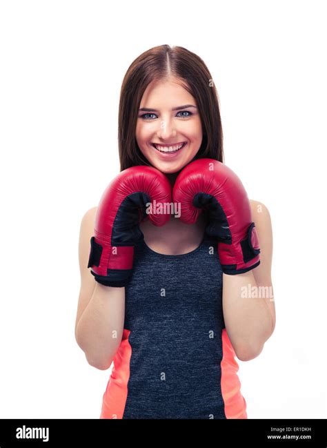 Smiling Sporty Woman Standing In Boxing Gloves Isolated On A White