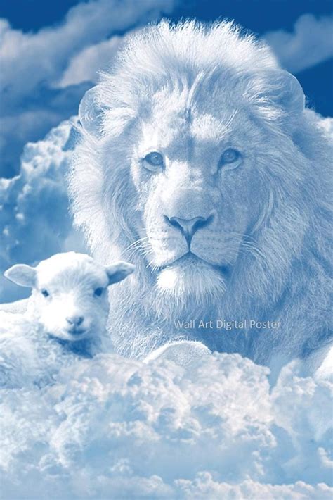 Lion And Lamb In Clouds Of Heaven Poster Religious Poster Etsy