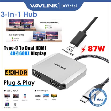 Wavlink Usb C To Dual 4k Hdmi Mst Adapter Thunderbolt With Pd 87w Dual