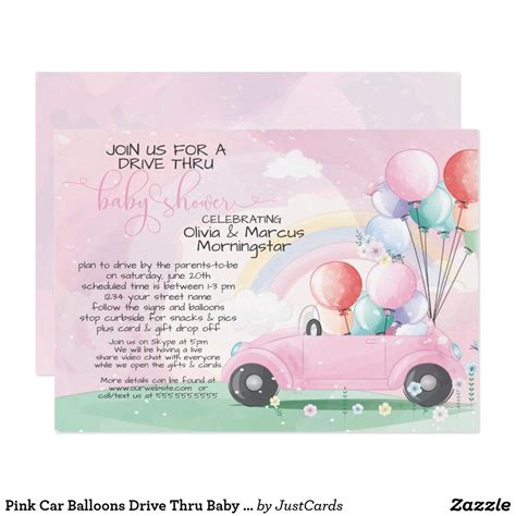 Modern baby shower games that are actually fun, baby shower favors that won't get thrown away, and more! Pink Car Balloons Drive Thru Baby SHower Invitation ...