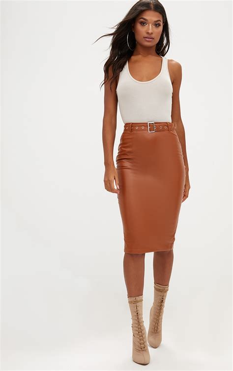 Tan Faux Leather Belted Midi Skirt Skirts Prettylittlething