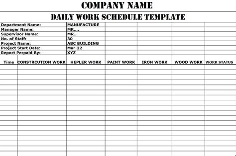 Daily Work Schedule Templates Free Report Templates