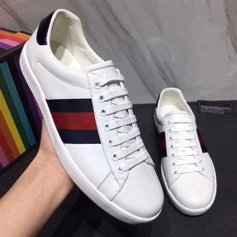 Gucci Men Ace Low Top Sneaker Shoes In Leather With Web Navy Lulux