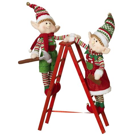 2 Pc Plush Standing Holiday Elf Elves Climbing On Ladder Figurines Set