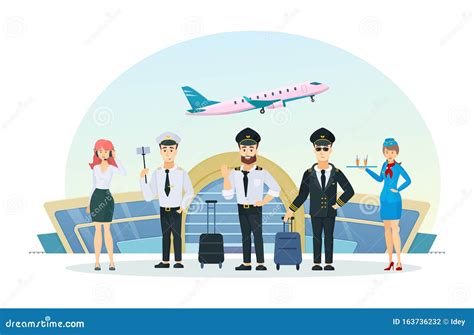 Airplane Flight Crew In Uniform Posing Cartoon Vector 163736232