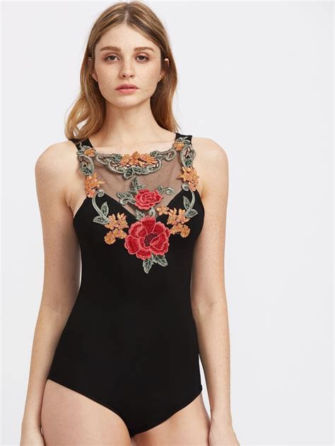 Embroider Flower Applique Mesh Sweetheart Bodysuit Embroidered Flowers Cute Outfits Womens