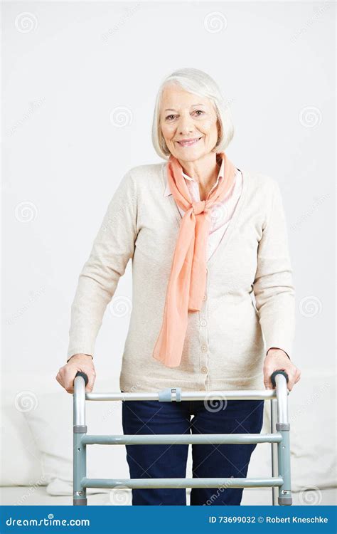 Old Woman With Walker At Home Stock Photo Image Of Happy Disabled