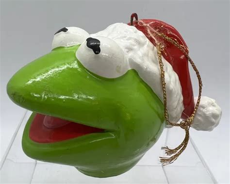 Vintage Kermit The Frog Christmas Ornament Plastic Head Santa Hat