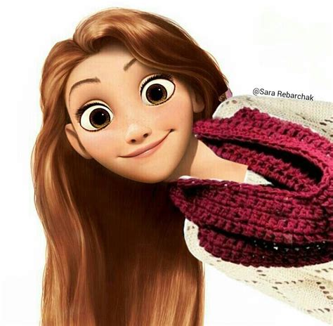 rapunzel with brown hair and eyes with a white sweater i think with a maroon scarf no