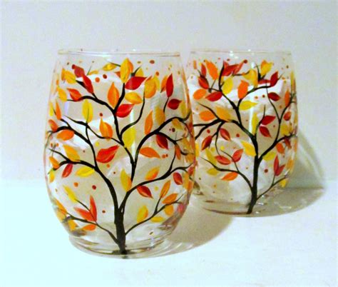 Hand Painted Wine Glasses Fall Leaves Autumn Fall Trees Set Of Etsy