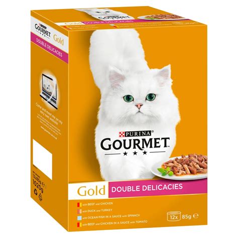 With wet cat food, your cat gets the hydration it needs, and also wet food is easy on the stomach. Gourmet Gold Double Delicacies Adult Tinned Cat Food 12 x ...