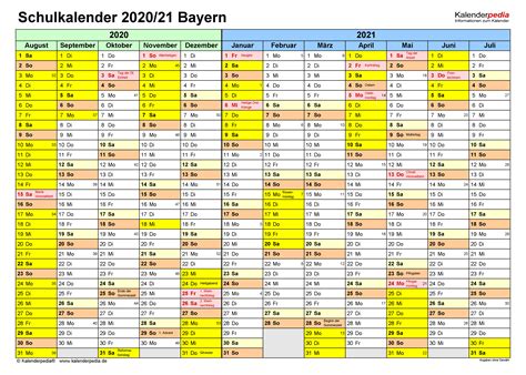 Feiertage sind rot markiert, schulferientage grün. Schulkalender 2020/2021 Bayern für PDF
