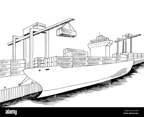 Port Loading Dry Cargo Ship Graphic Black White Sea Landscape Sketch