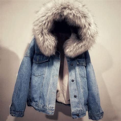 Yeni Hood Kürk Yaka Kış Kalın Kuzu Yünü Temel Denim Ceket Kadın Gevşek