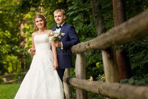 Bride And Groom In Wood Near Fence Stock Image Image Of Green
