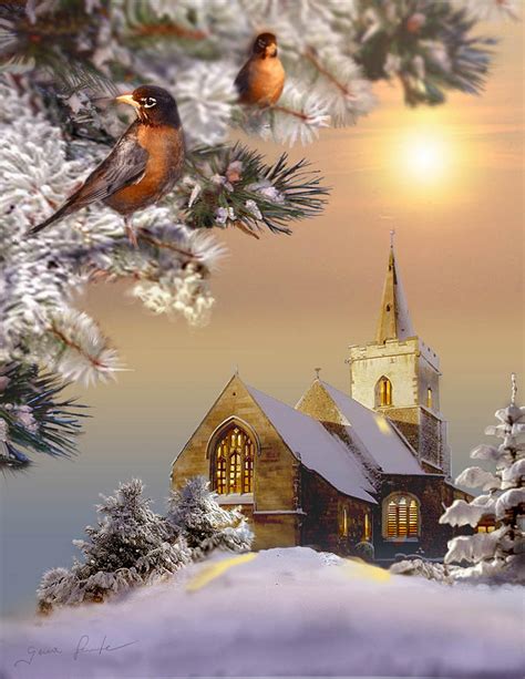 Winter Scene With Robins And Church Painting By Regina Femrite