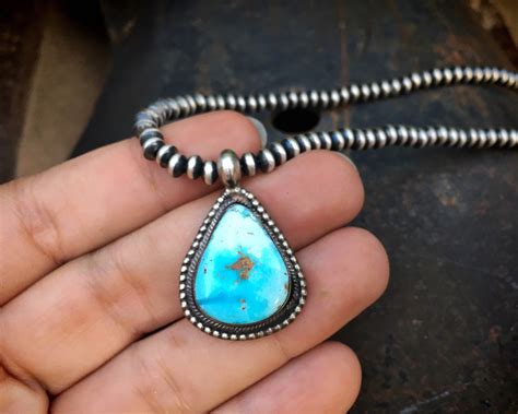 Turquoise Pendant On Small Sterling Silver Navajo Pearls Necklace Native American Indian Jewelry