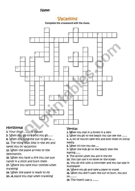 Vacation Crossword ESL Worksheet By Ilovecookies072