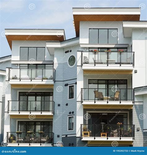 New Modern Apartment Building Luxury Condo Home Flat Roof Lines Stock