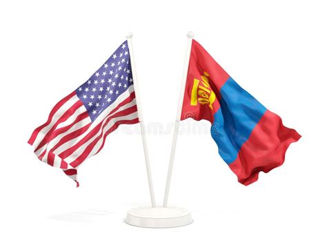 Two Waving Flags Of United States And Mongolia Isolated On White Stock