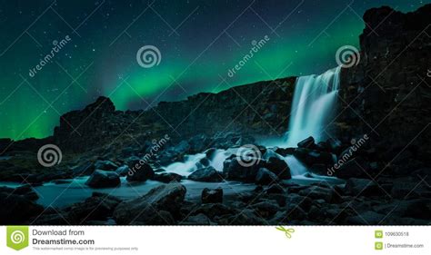 Beautiful Northern Light Waterfall Oxarafoss In Southern Iceland Stock