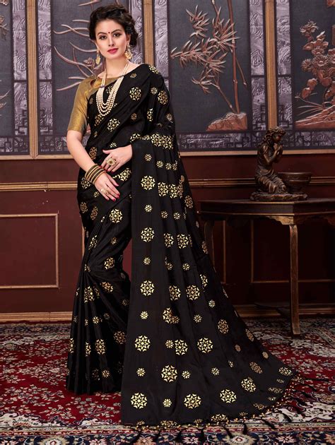 Black Silk Designer Saree With Foil Print Trendy Sarees Fancy Sarees