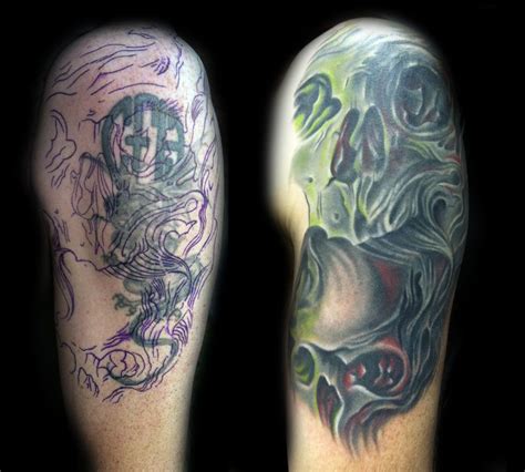 Progress, result and care after first session. Before and After Skull coverup tattoo by Matt Skin | Cover ...